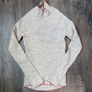 Victorias Secret Ribbed Mock Neck Long Sleeve‎ Top Heathered Beige Pink Trim L G